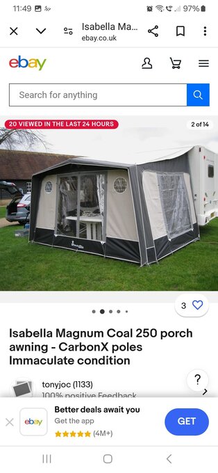 Isabella Magnum Coal 250 Awning with Carbon poles and Breathable Groundsheet